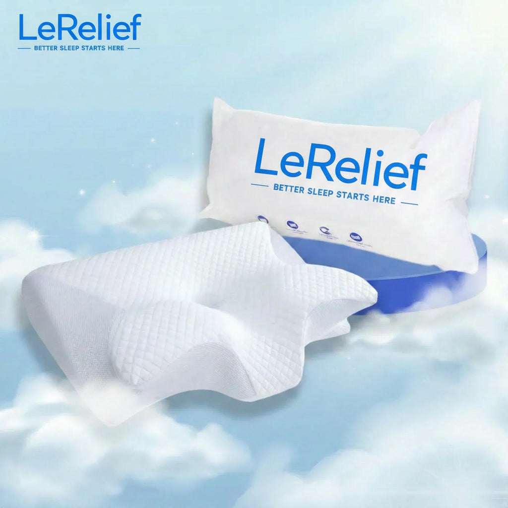 LeRelief pillow on a cloud background with brand name and tagline.